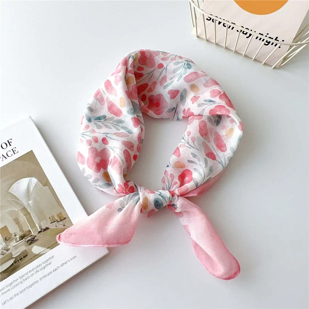 

Sweet Breathable Spring Silk Scarf Cotton Sweat-absorption Flower Printed Headscarf Quick-drying Sunscreen Scarves Women