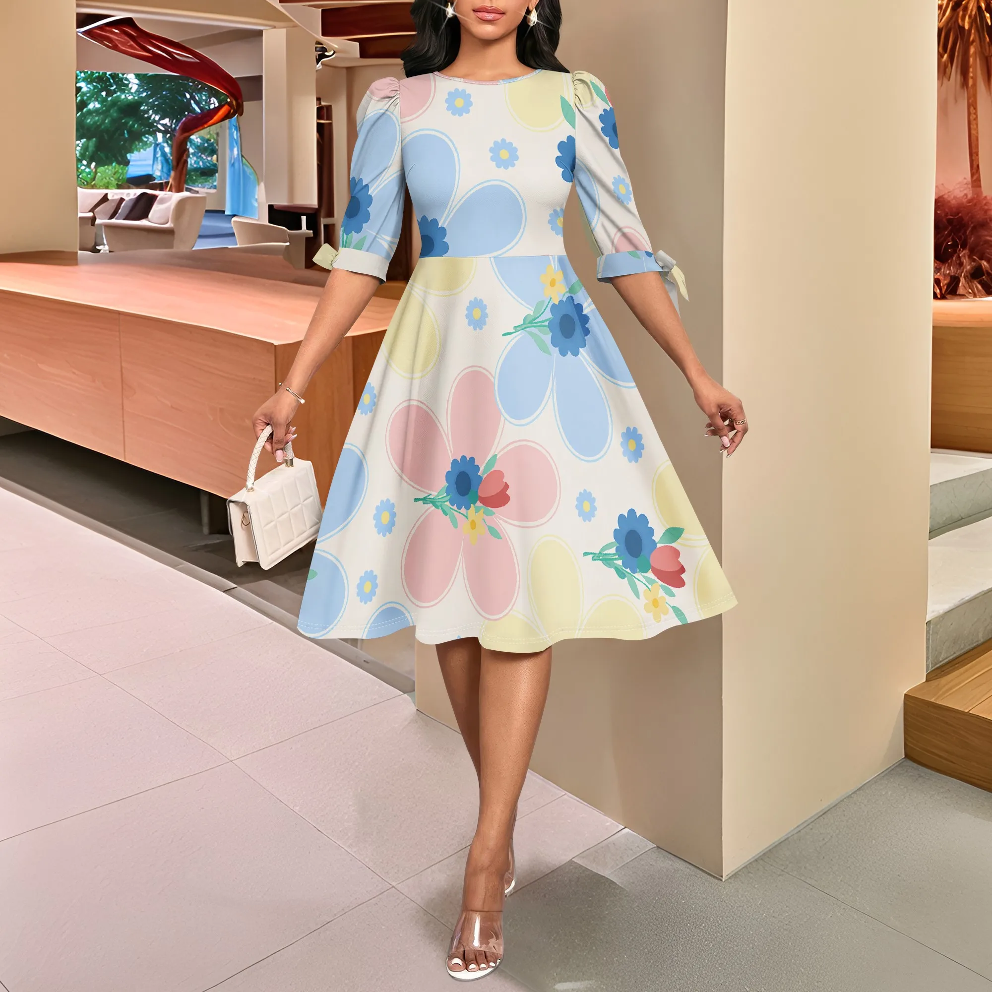 

Women's Spring Floral A-line Dress O-Neck Puff Sleeve Tie-up Cuff Elegant Party Dress XS-3XL