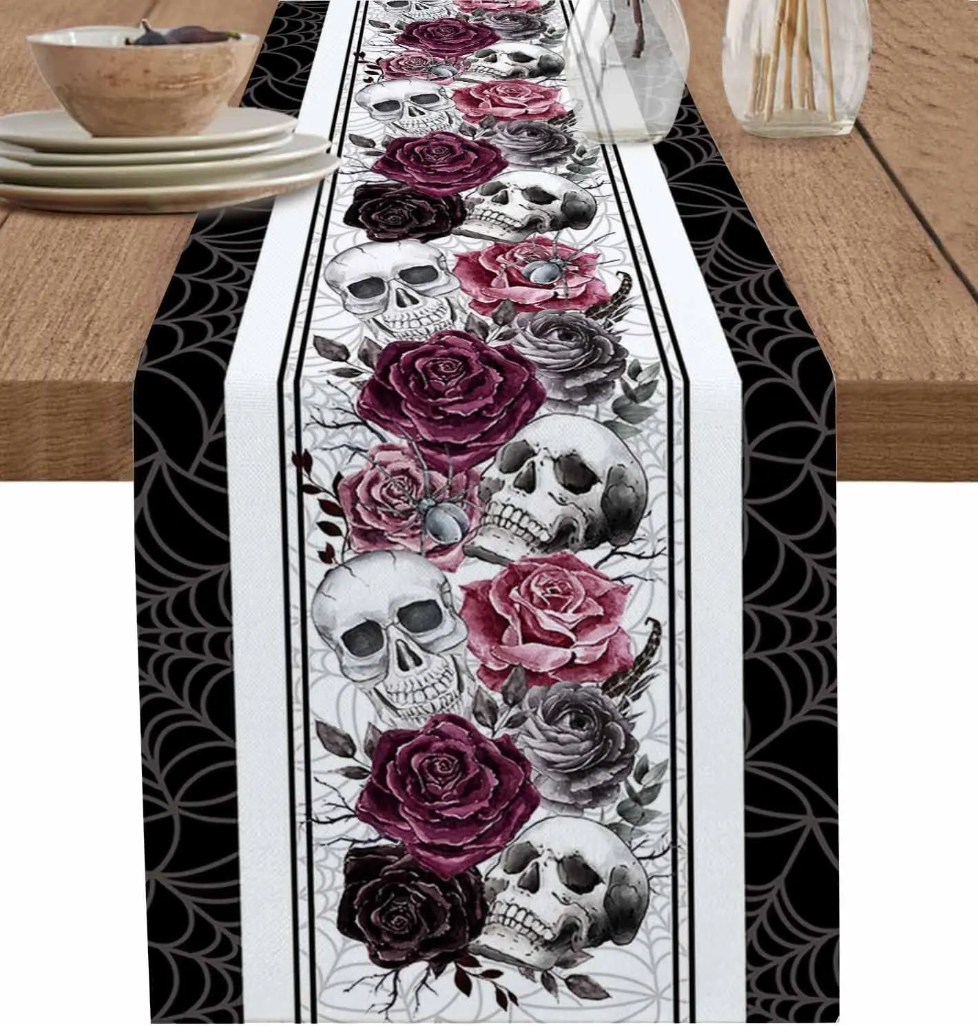 Halloween Skull Red Black Rose Spider Web Linen Table Runner Party Decor Reusable Kitchen Dining Table Runners Halloween Decor