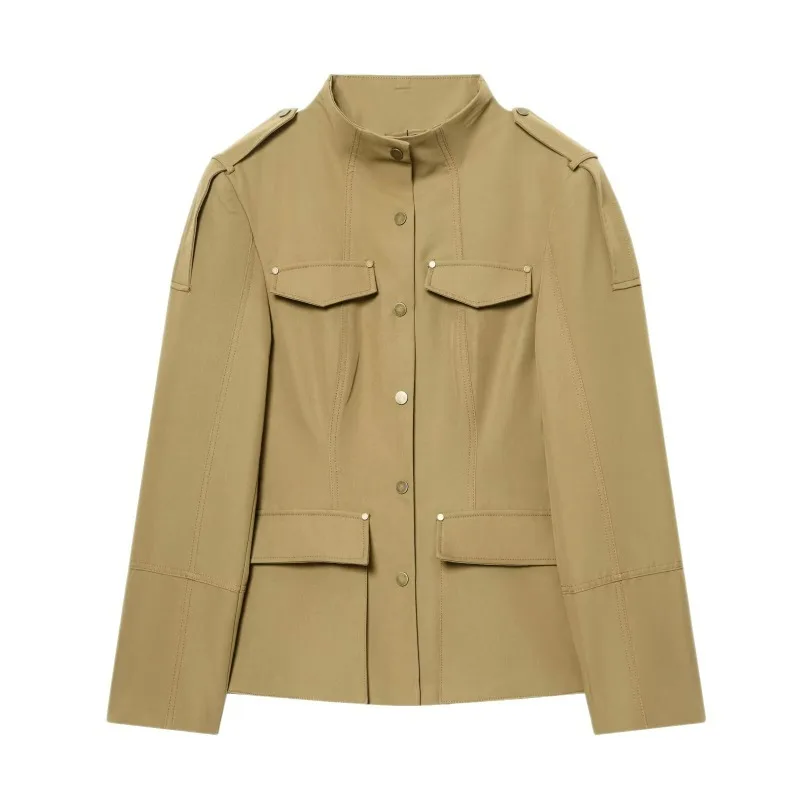 Women Stand Collar Cargo Blazer Jacket Long Sleeve Multi Pocket Slim Fit Waist Tapered Solid Color Outerwear Elegant Streetwear
