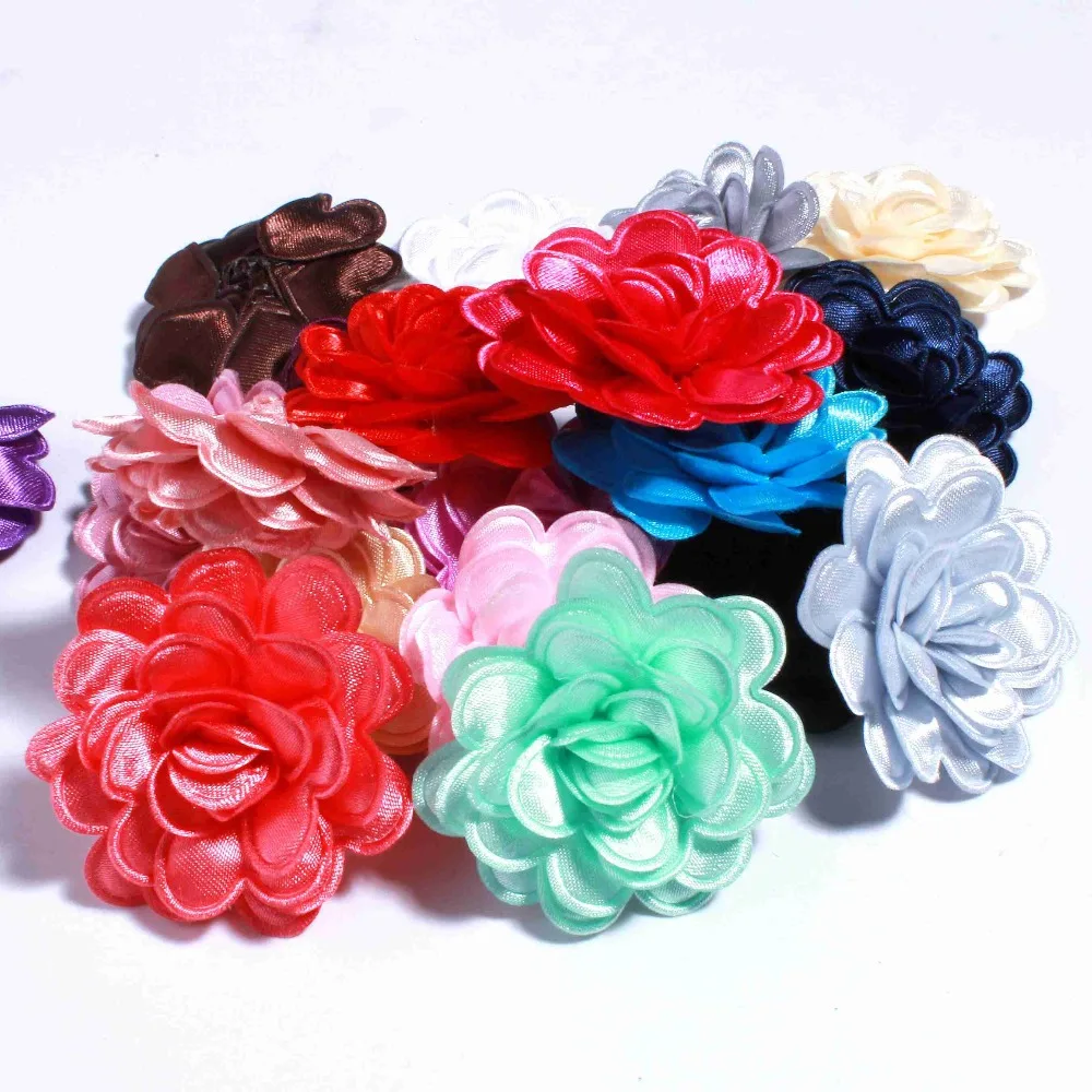 

60PCS 3.8CM 1.5" Fashion Mini Shiny Solid Fabric Flowers For Hair Clips Edge Hard Hair Flower For Hair Accessories