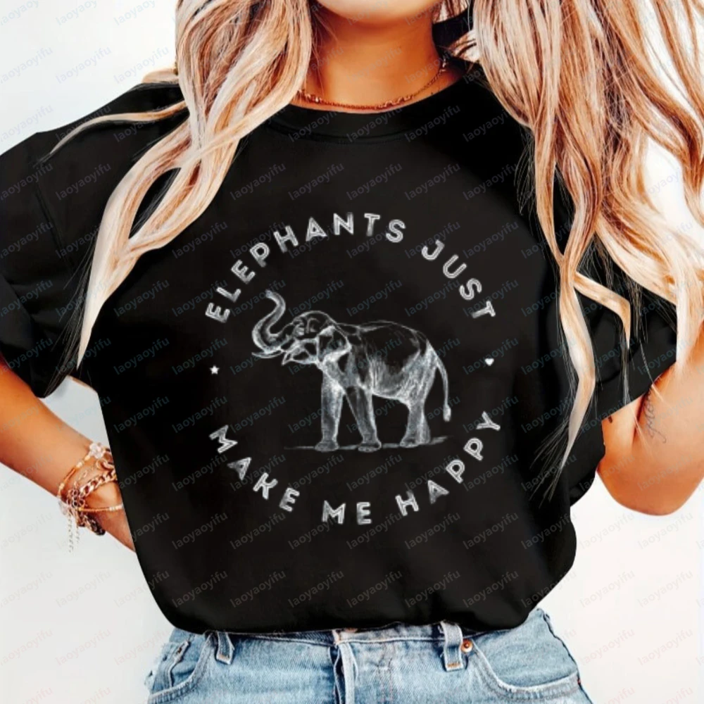 Elephants Make Me Happy Graphic Tee Elephant Lover Unisex Cotton T-Shirt Vintage Classic All-match Summer Clothes for Women