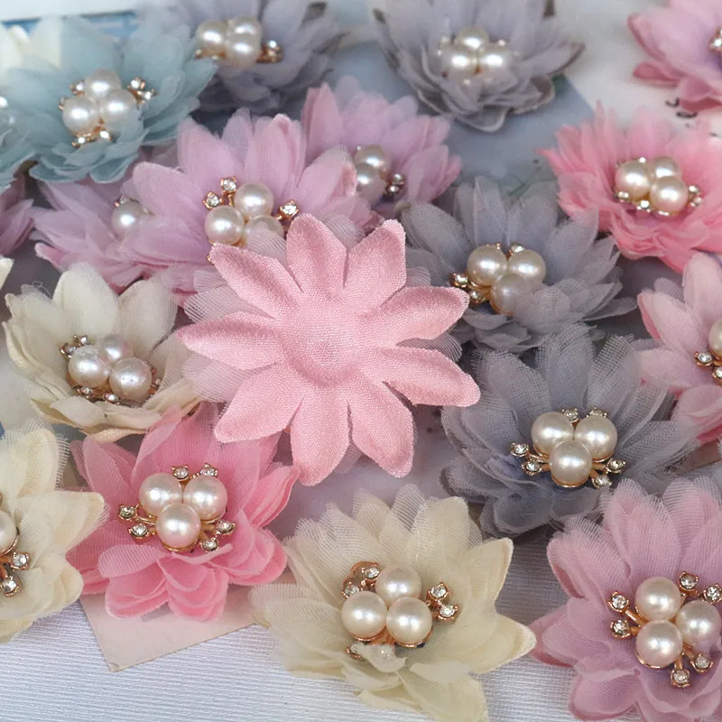 10PCS/Lot 5CM Pearl Center Chiffon Flowers Hair Accessories DIY Flower Wedding Girls Dress Clothing Decorations