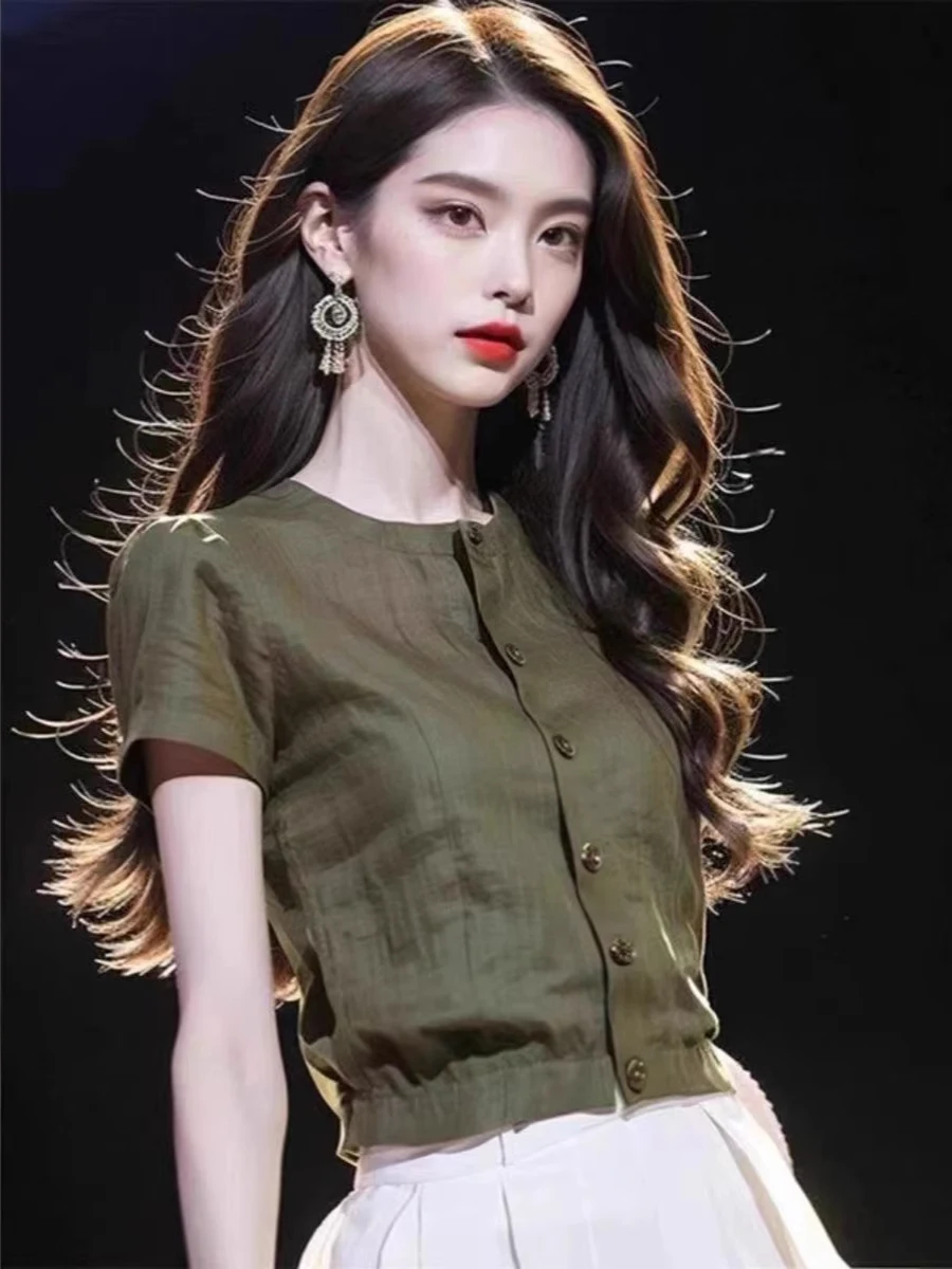 

Lightweight irt Women's High Waist ort Sle Summer 2024 Unique Design Simple Cold Tones Loose Fit round Ne Button up