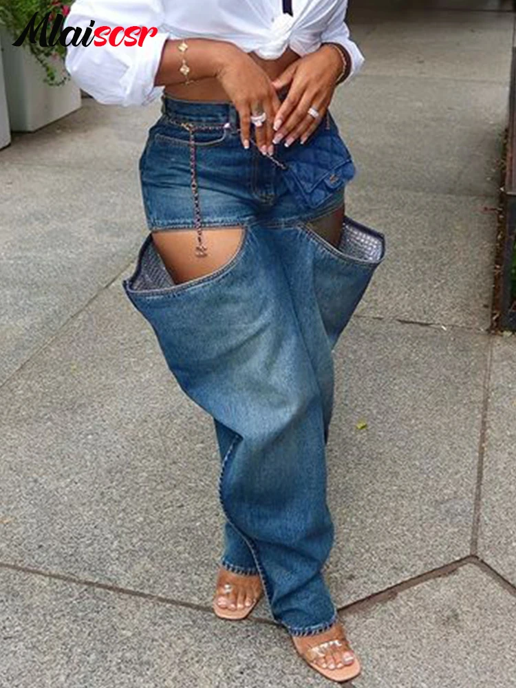 Mlaiscsr Oversize Hollow Out Hole Demin Stretch Jeans Women High Waist Cargo Pencil Pants Pockets Boyfriend Club Blue Trousers