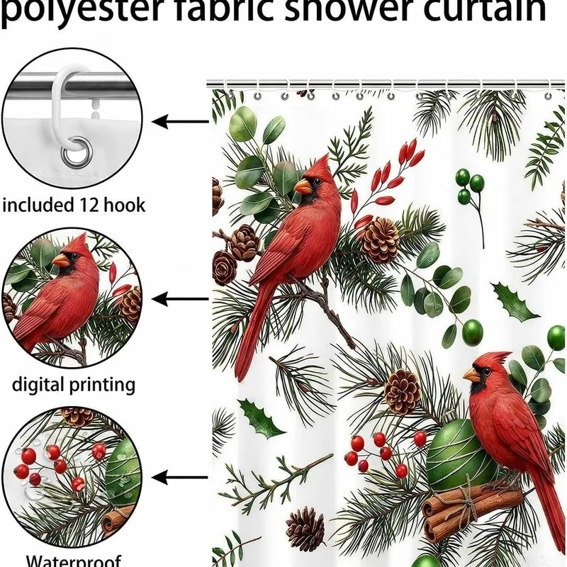 Christmas Cardinal Pine Cones Holly Berry Winter Bathroom Shower Curtain No Drilling Hooks 12 Hooks Holiday Decor