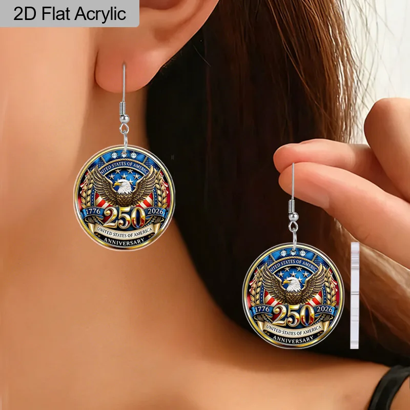 2D Flat, 1pair USA 250th Anniversary 1776-2026 Bald Eagle Acrylic Earrings Ladies' Fashionable Style, Independence Day Decor