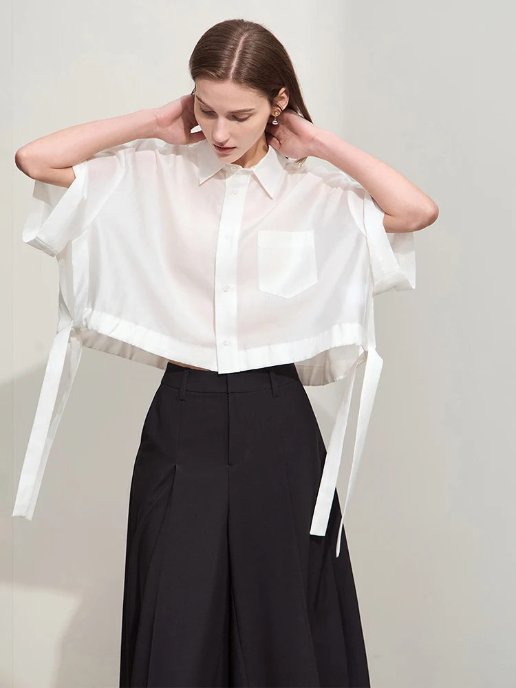 Amii Minimalism 2024 Women Shirt Summer New Lapel Casual Loose Short Belt Female Drop Sleeves Solid Fashion Blouse Tops 12452020