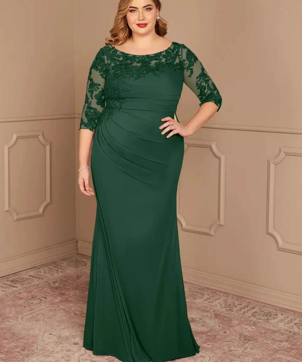 

Customized Elegant Dark Green Mermaid Mother Of The Bride Dress for Wedding Long Sleeve Lace Appliques Wedding Guest Dress YMD15