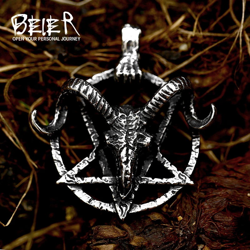 BEIER New Stainless steel  Pentagram Pan God Skull Goat Head Pendant Necklace Occult Metal Vintage for Man BP8-342