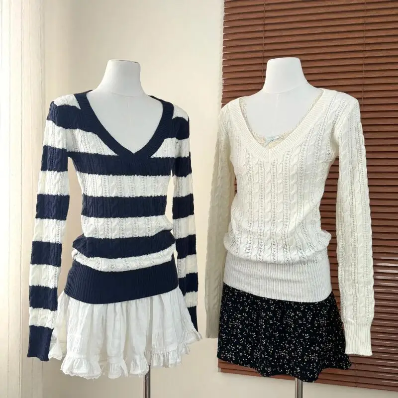 

Women's Clothing Autumn and Winter New Stripe V-Neck Sweater Thin Version Knitwear Long Sleeves Tops Base Layer Fashion