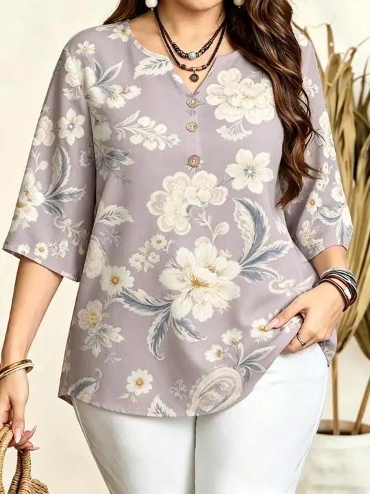 Women Vintage Floral Print Blouse Notched Neck 3/4 Sleeve Loose Fit For Curvy Figures Daily Casual Ladies Pullover Tops