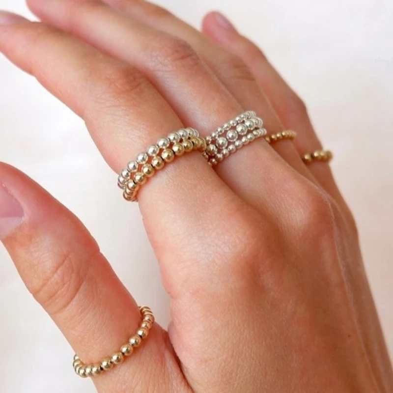 14K Gold Filled/925 Silver Beaded Elastic Stretchy Rings Dainty Simple Ring Luxury Tarnish Resistant Jewelry Gift for Women