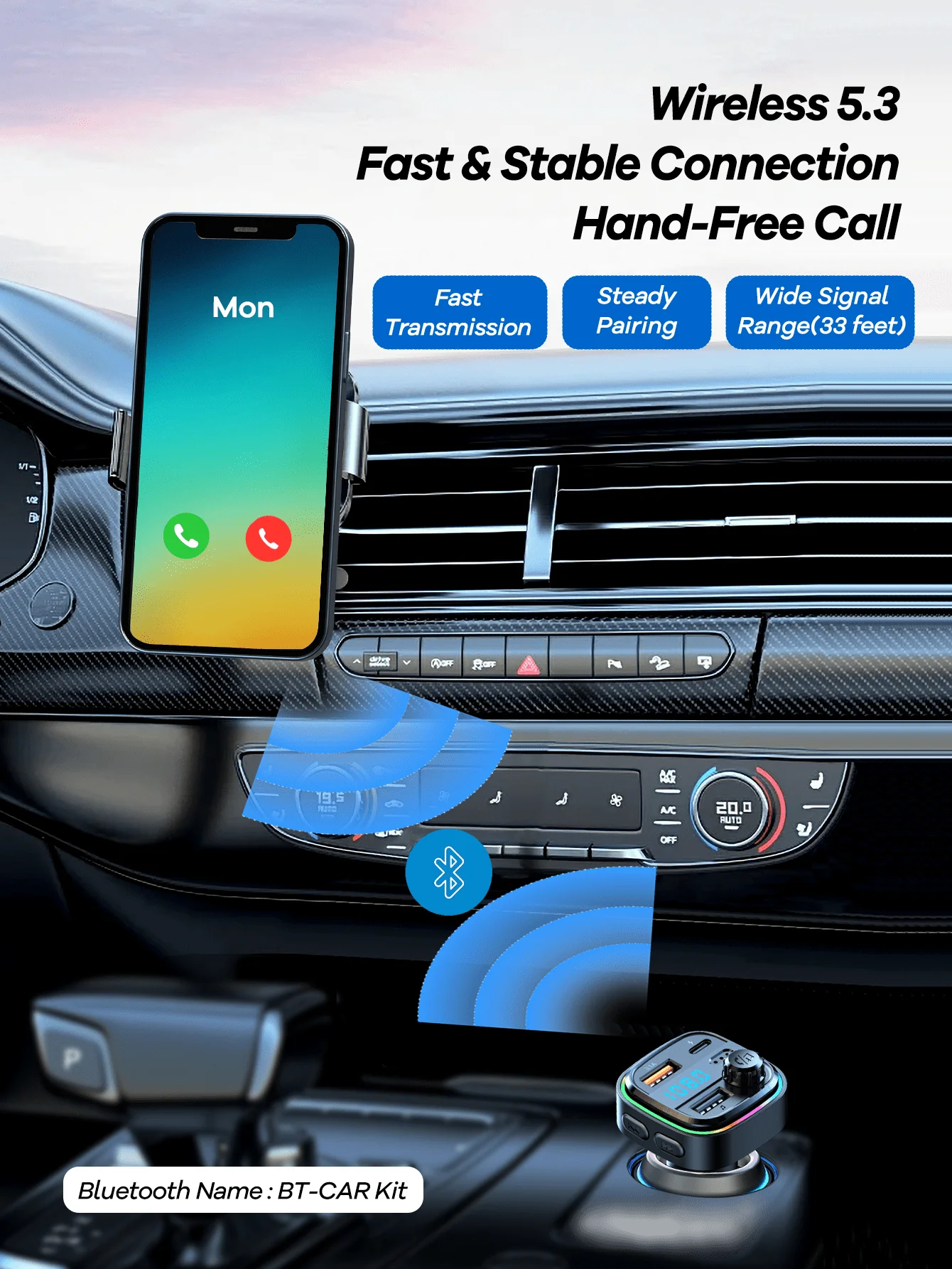 

Wireless Bluetooth 5.3 Car Adapter With FM Transmitter, 25W PD+QC3.0 Fast Charging, Handsfree Call, TF Card, LED Backlit