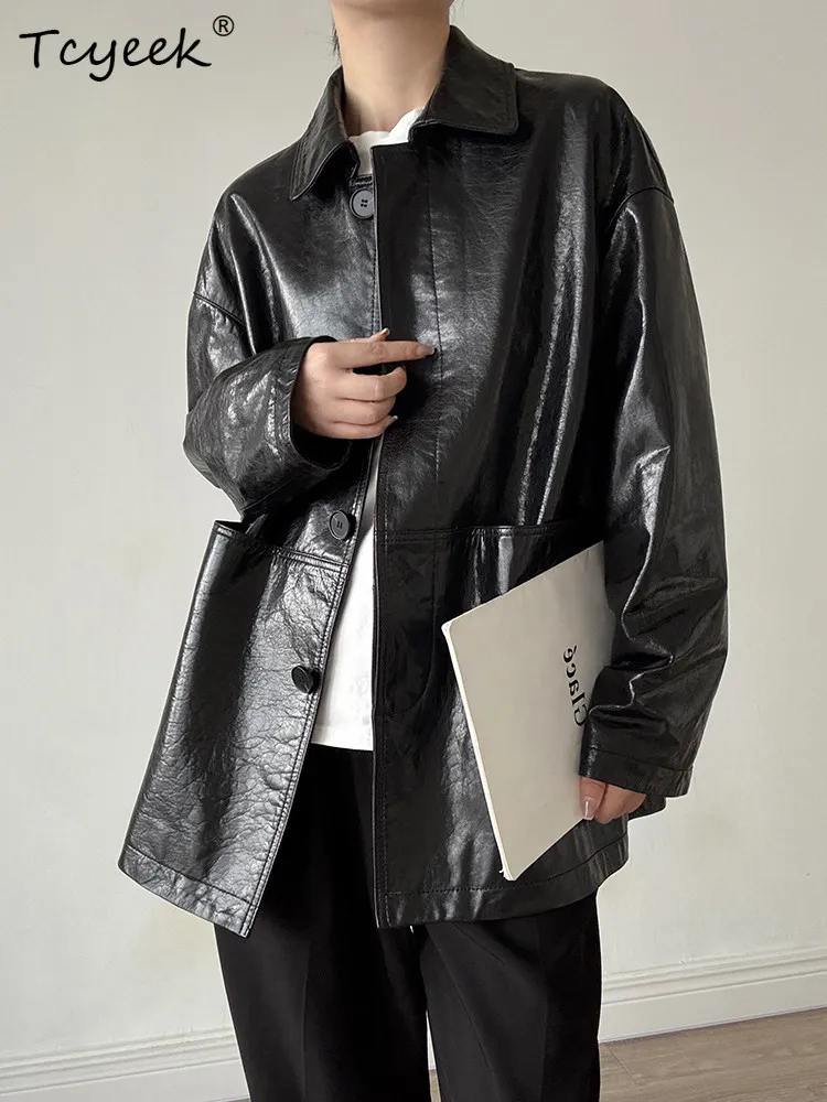 Kurtka damska Tcyeek z prawdziwej skóry, odzież wiosenno-jesienna, płaszcz ze skóry koziej licowej, modny płaszcz trencz o średniej długości dla kobiet, kolekcja 2025