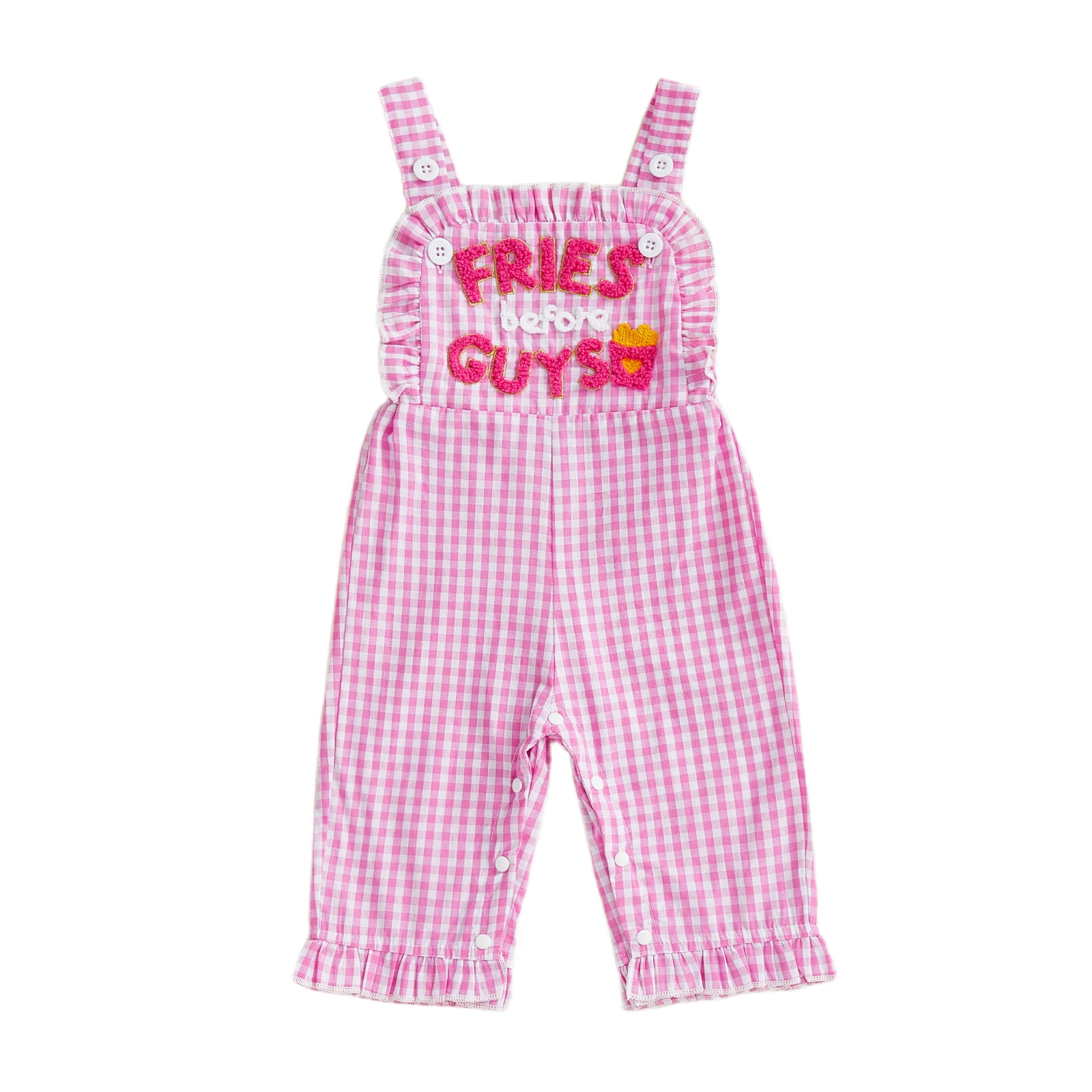 

Infant Baby Girl Valentine's Jumpsuit Cute Letters Embroidery Sleeveless Ruffle Trim Decor Plaid Overalls Pants