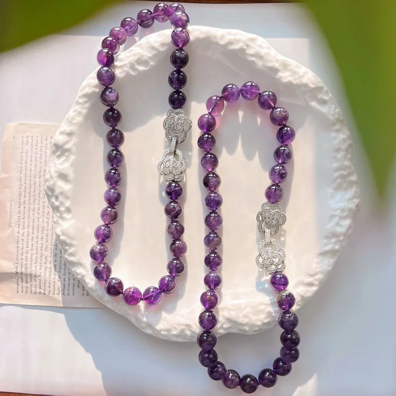 Vintage 12mm Bold Large Bead Deep Purple Natural Amethyst Necklace Collarbone Chain