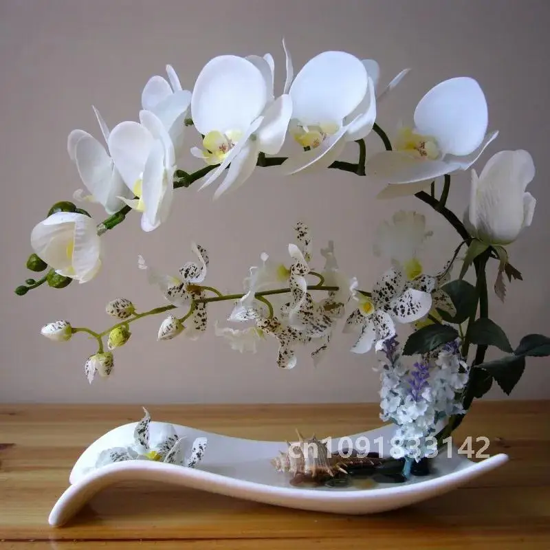 Butterfly Orchid Artificial Flowers Set Fake Flower Ceramic Vase Ornament Phalaenopsis Figurine Home Furnishing Decoration Craft