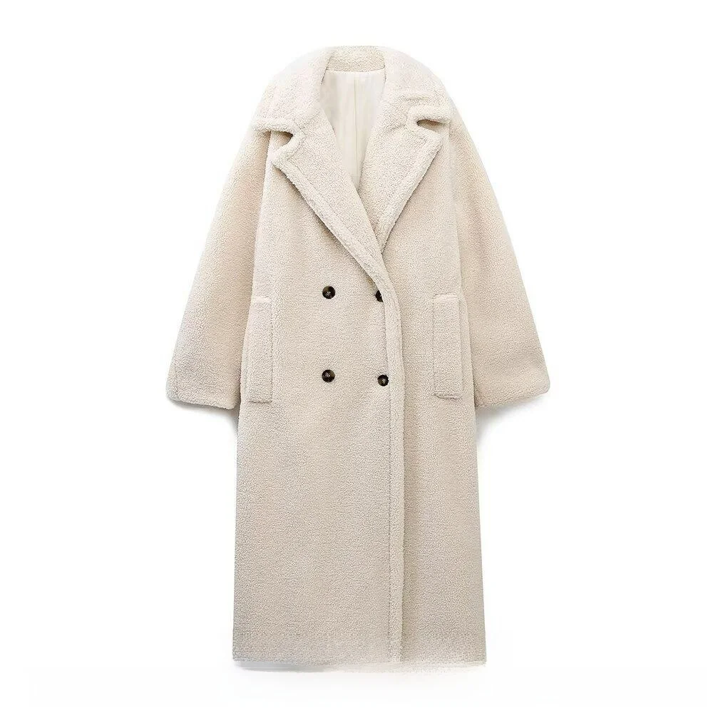 Women's Elegant Thickened Long Sleeve Fleece Lined Loose Coat Autumn Winter New Style Double Breasted Long Coat Outerwear