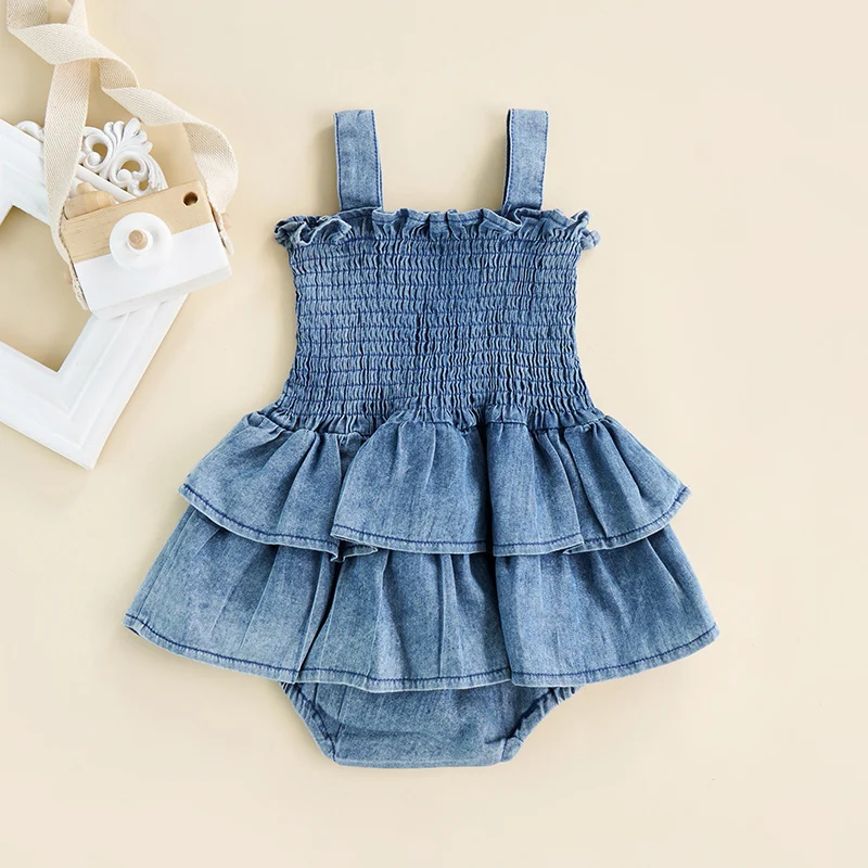 Baby Girl Romper Sleeveless Suspender Pleated Design Ruffle Hem Bottom Snap Button Cute Jumpsuit