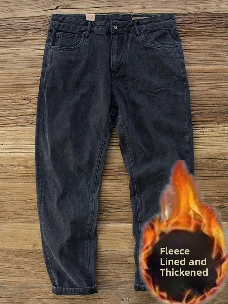 

Men's Fce Lined Heavyweight Denim Jeans Retro Carbon Waed Work Trousers Winter Thi Warm Loose Straight Leg Pants