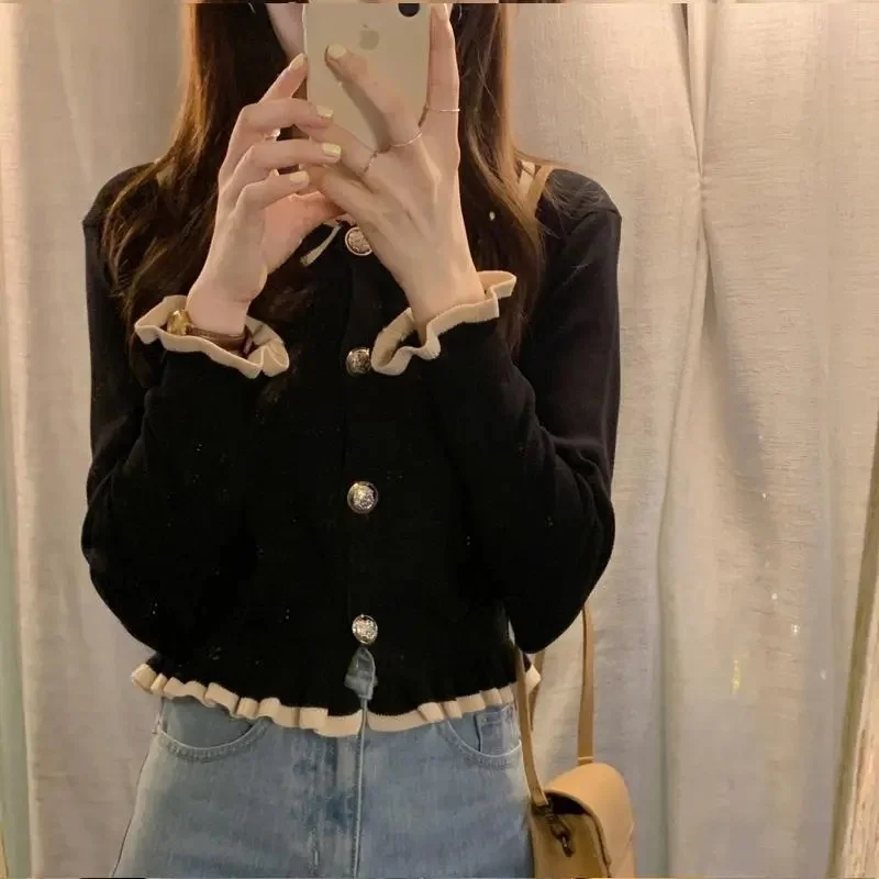 

Long Sleeve Shirts Womens Chiffon Patchwork Ruffled Slim Fit Casual Feminine Preppy Minimalist Youthful Daily Clothing