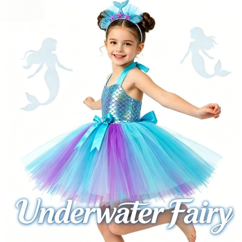 Girl Mermaid Tutu Dress Puffy Tulle Skirt Kid Princess Outfit Baby Party Birthday Festival Holiday Daily Dress Up Casual Costume