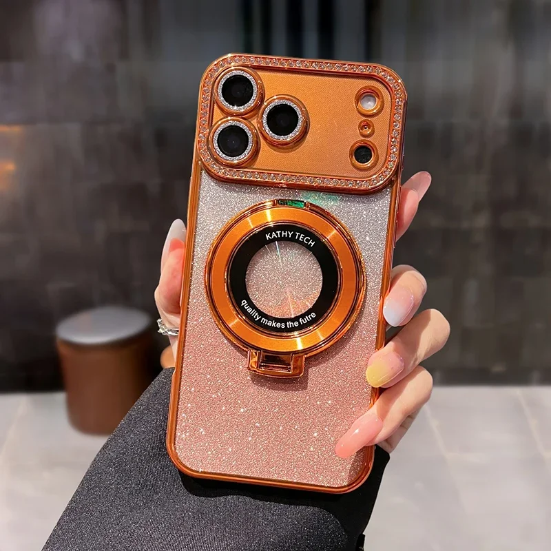 

Fashion Glitter Diamond Phone Case For iPhone 17 16 15 14 13 12 11 ProMax Plus Air For Magsafe Lens Protector Stand Holder Cover