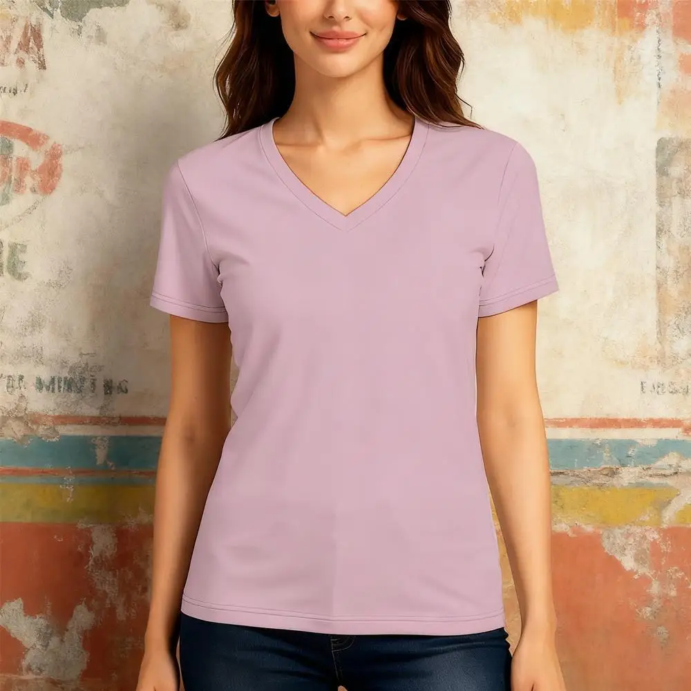 

2026 New Women's Solid Color V-Neck T-Shirt Summer Outdoor Breathable Casual Slim Fit Short Sleeve Customizable Logo and Pattern