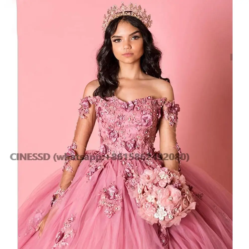 Vestido de princesa rosa para quinceañera, traje de manga larga con hombros descubiertos, brillante, para fiesta de cumpleaños, 16, 2021