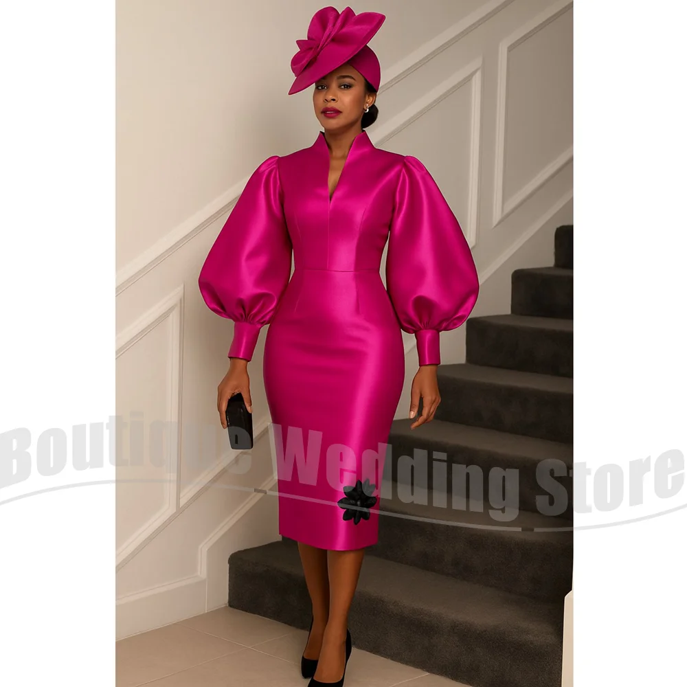 

Fashion Mother of The Bride Dress V-Neck Long Sleeves Prom Gowns Elegant Flower Knee-Length Customized Wedding Guest Dresses
