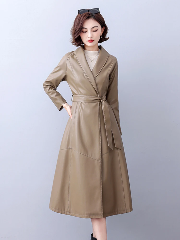 2025 Spring Autumn New Sle Haifeng Genuine Leather Jaet Women's Mid-Length Korean Version Slim-Fit Belted Windbreaker e...