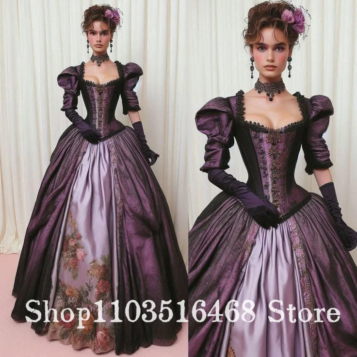 

Customised Elegant Purple Vintage Victorian Ball Gown Lace Corset Special Occasion Evening Gown Floral Print Dress