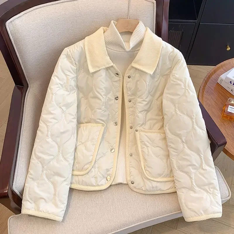 Korean Style Stitched Bear Lingge Coat Women\'s Winter 2024 New Cotton-padded Coat Stitching Lapel Cotton-padded Coat