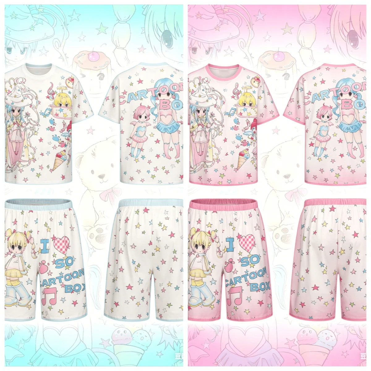 Dark Sweet Cool Adult and Children's Set, Japanese Style Skull and Cow Print 3D Short-sleeve and Shorts Two-piece Set