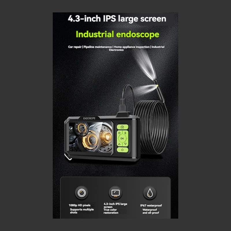 Kamera inspeksi 4.3 inci 1080P HD, kamera Borescope ular IP67, kamera selokan mendukung kartu 32GB & alat membantu