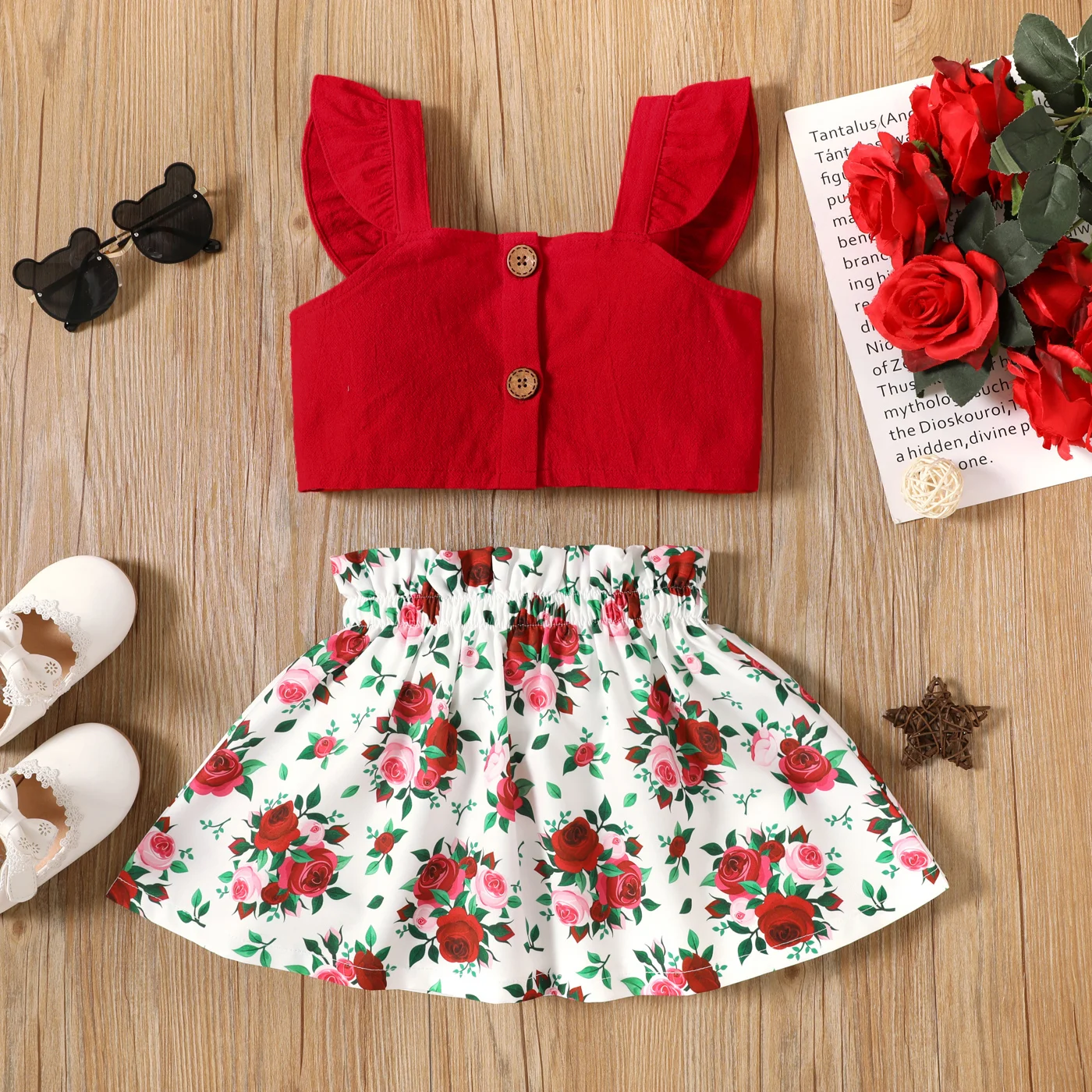 PatPat 2-piece Toddler Girl Ruffled Button Design Red Camisole and Floral Print Paperbag Skirt Set