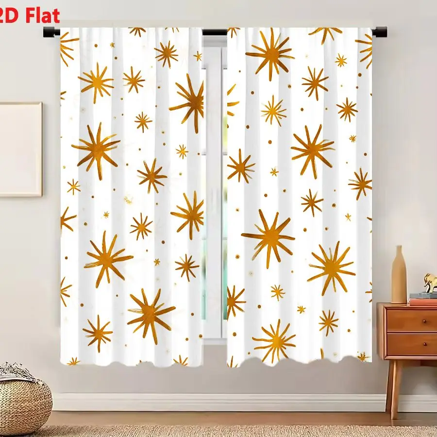 2Pcs Curtains 2D Flat Golden Yellow Starburst Seamless Pattern With Brushstroke Effect On White Background Window Drapes for Bed