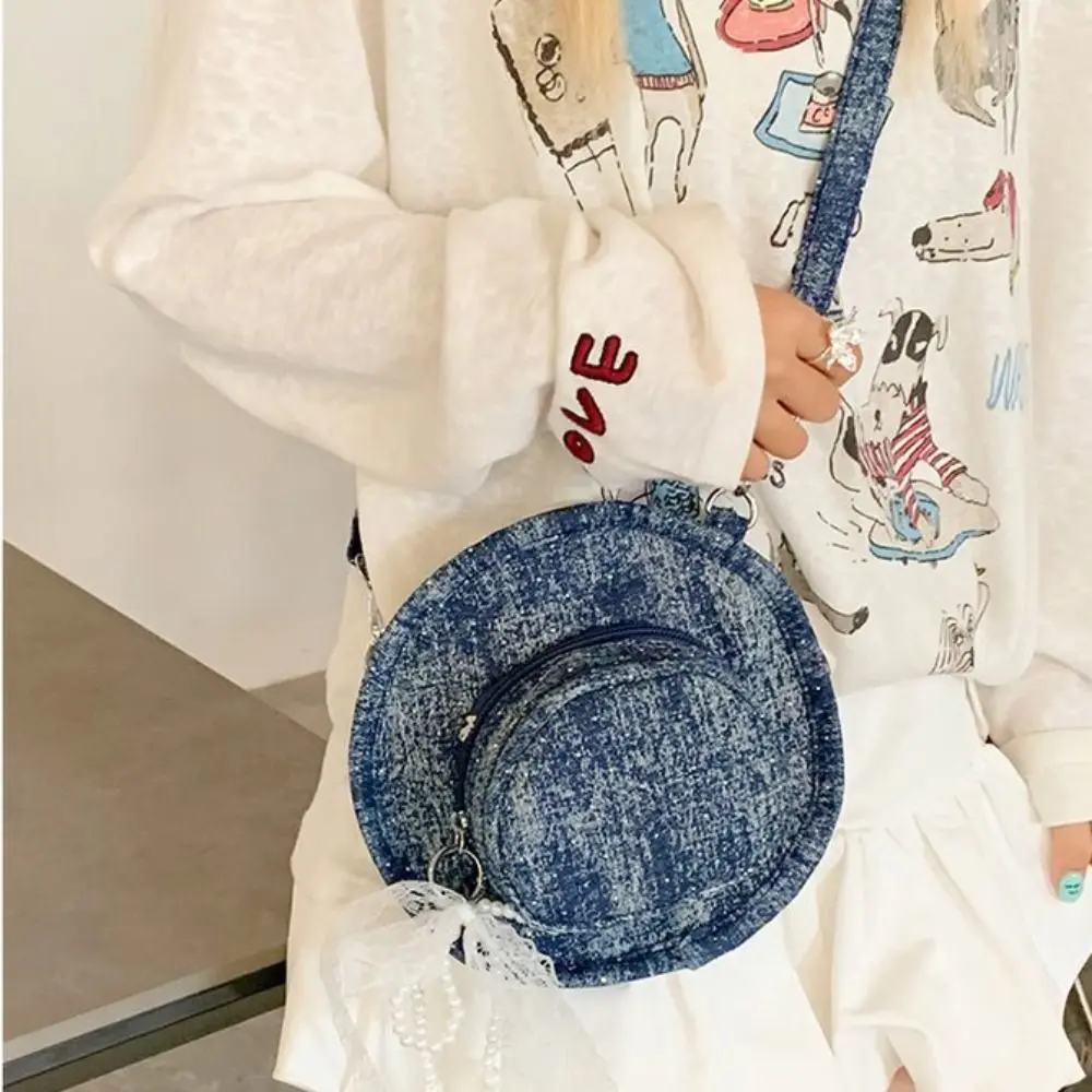 

Casual Vintage Denim Hat Crossbody Bag Large Capacity Bow Denim Canvas Bag Solid Color Handbag Jeans Shoulder Bag Travel