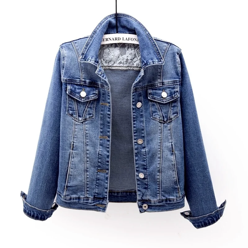 Vintage Blue Denim Jacket Coat Women Elasticity Slim Short Cowboy Outerwear Lace Patch Design Big Pocket Jeans Jackets Female