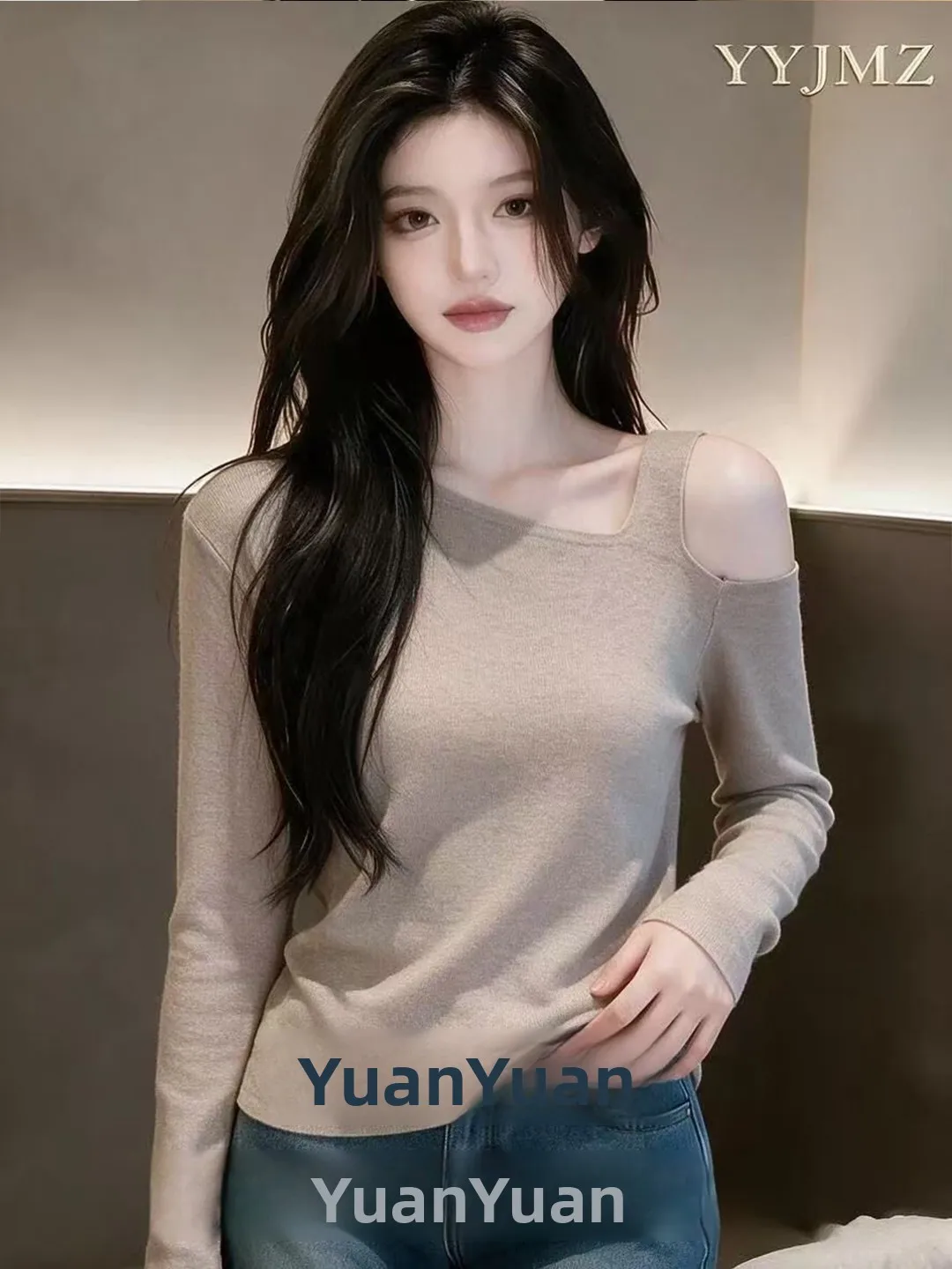 Shoulder Bared Knitted Top Women's Autumn Winter Long Sleeve Square Collar Slimming Elegant Style Beige Base Shirt Trendy Top