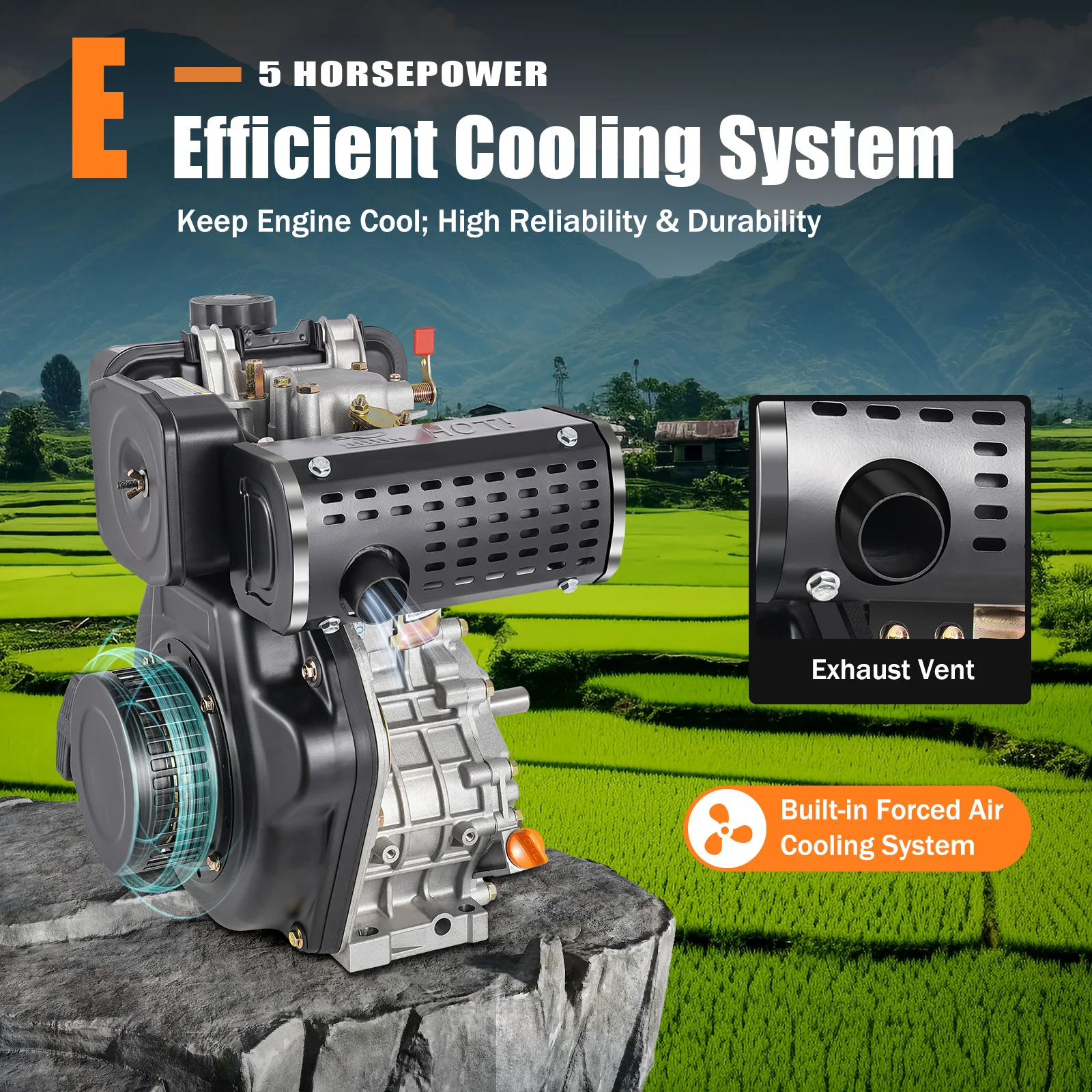 173FA Diesel Engine, Single Cylinder Air Cooled Vertical 4-Stroke 5HP 247cc High Power Low Fuel Consumption for Garden Machinery