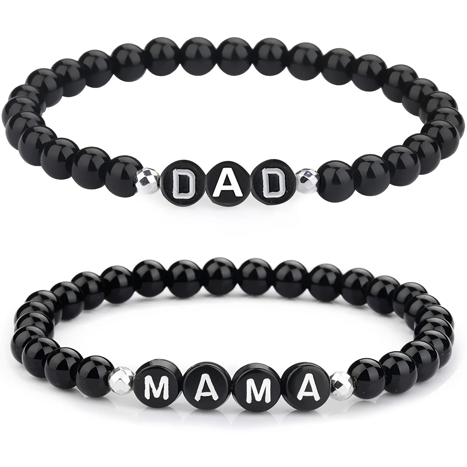 FTCY Couple\'s Black Obsidian Bracelets MAMA DAD Mother Father Chains in Hand Valentine\'s Present Blackstone Beads Jewelry Gift