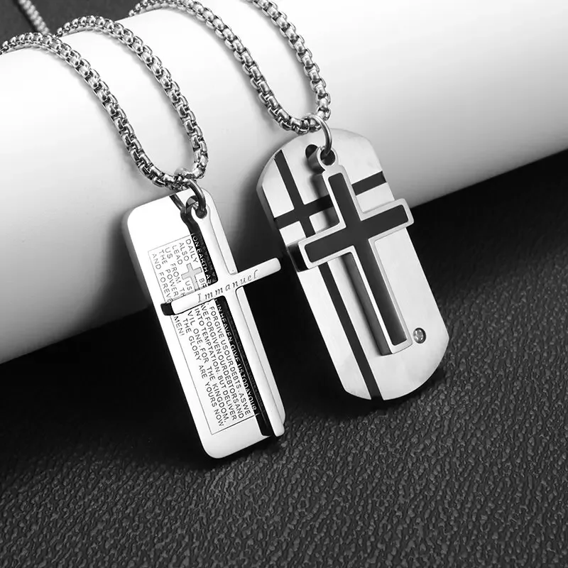 Men's Cross Necklace Stainless Steel Silver Color Faith Cross Bible Verse Dog Tag Pendant Necklace Birthday Gifts for Boys