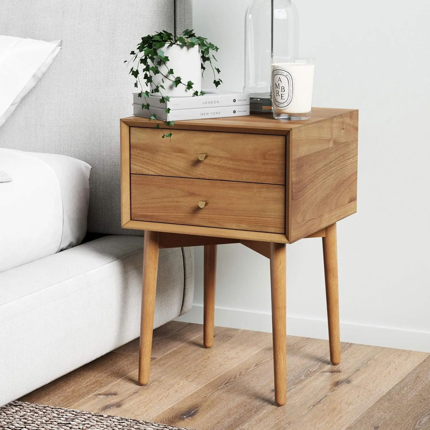 32704 Harper Mid-Century Oak Wood Nightstand with 2-Drawers, Small Side End Table with Storage, Brown