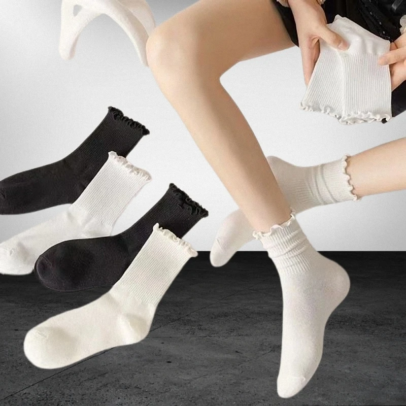 5/10 Pairs Women Ruffle Frilly Cotton Socks Black White Novelty Funny Ankle Socks Cute Solid Cotton Breathable Fashion Crew Sock