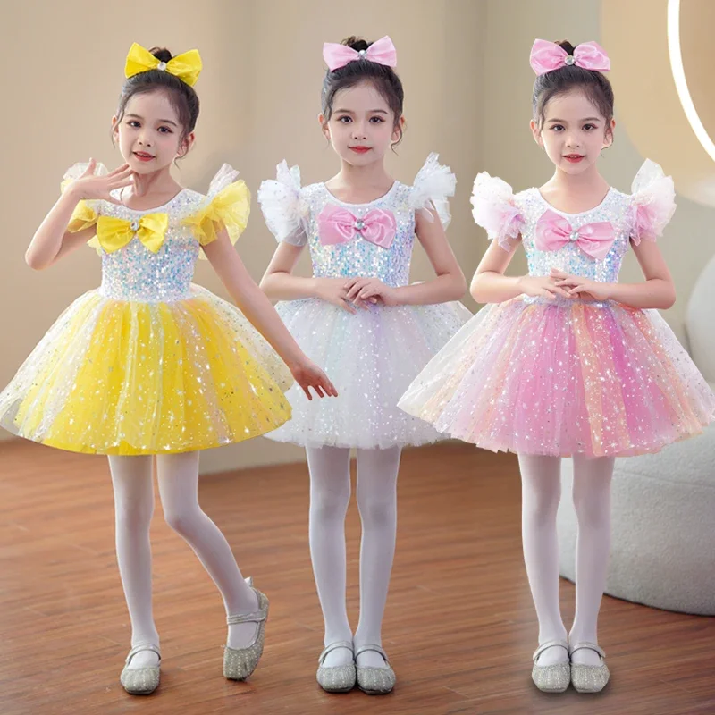 Girls modern dance children's costume Pompadour dress Gauze dress Young girls Princess dress bow sequin dance