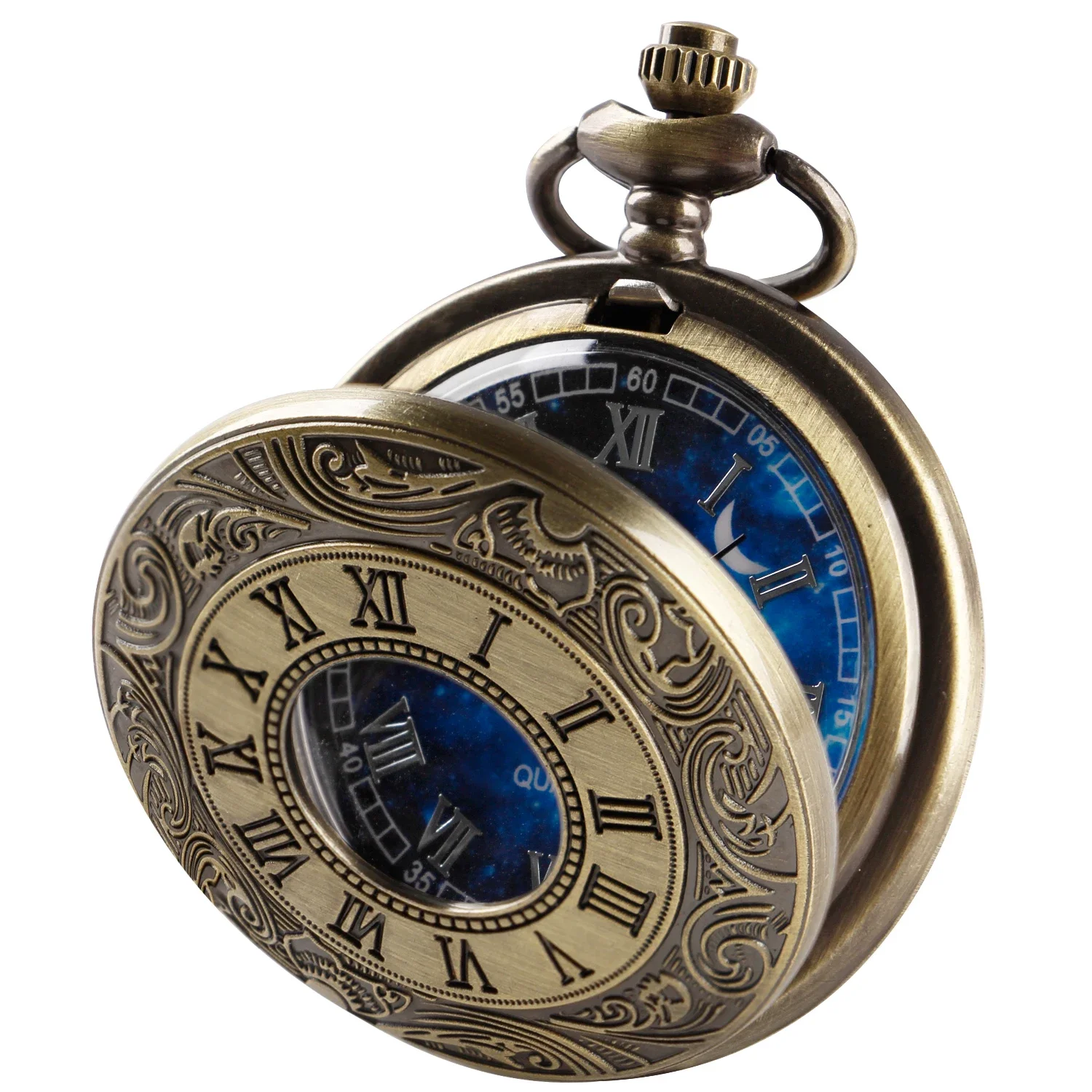 Special Antique Design Blue Dial Quartz Pocket Watch Vintage Necklace Pendant Clock Men's and Women's Best Holiday Gift