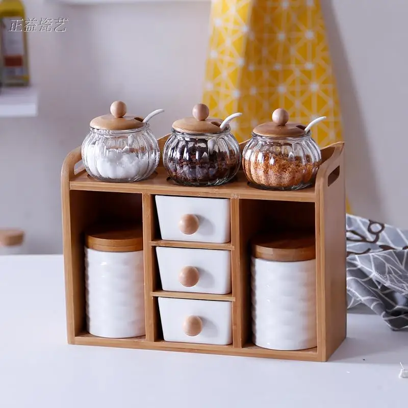 

Kitchen Storage Set - Airtight Glass & Ceramic Containers for Spices, Food Storage with Bamboo Lid, 6-Piece Pantry Organization