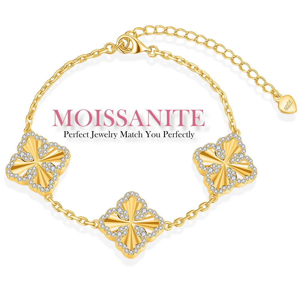

0.3CTW Moissanite Clover Bracelet 925 Sterling Silver 18K Gold Plated Four Leaf Lucky Jewelry Women with GRA Certificate
